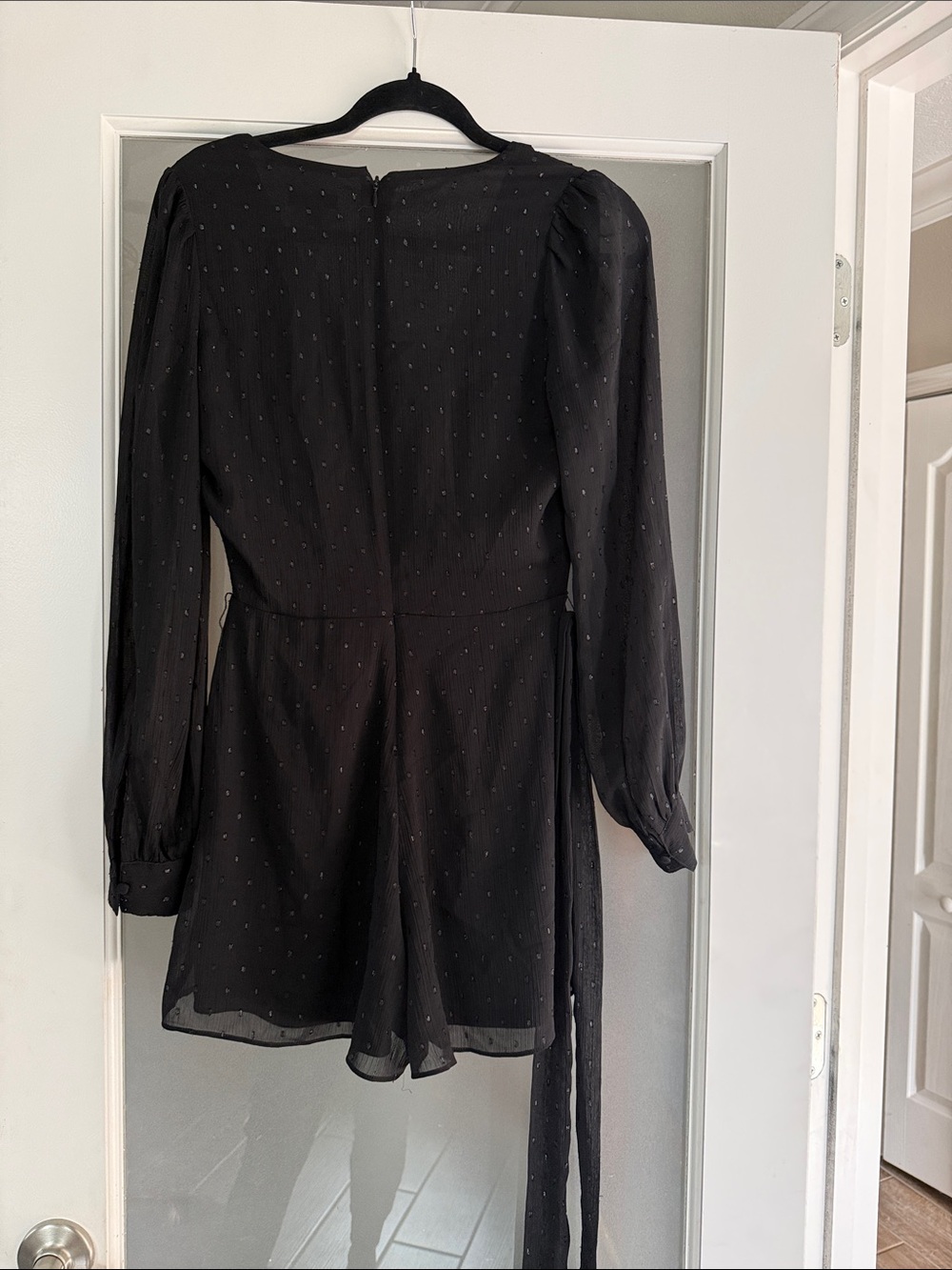 Express Black Sheer Wrap Romper with Dot Accent